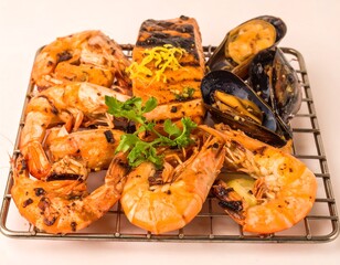 Grilled seafood platter, colorful and delicious
