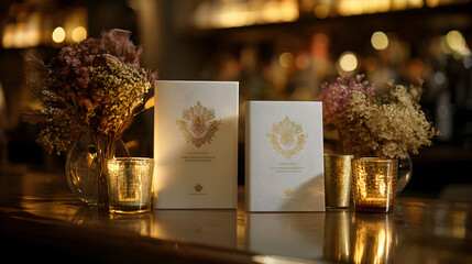 Elegant wedding invitations displayed with warm candlelight and dried flowers on a polished wooden surface, evoking luxury and romance.