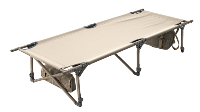 Beige canvas camping cot.  Flat, rectangular cot with a beige fabric top.  Lightweight metal frame with support bars.  Storage compartments visible on underside.
