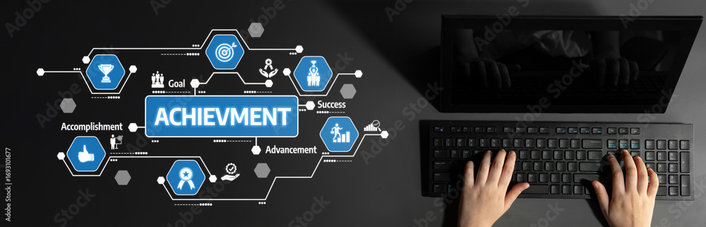 Poster this image features a modern workspace with hands typing on a keyboard alongside visual elements rep