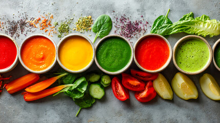 Colorful array of fresh vegetable smoothies and ingredients arranged on a gray surface