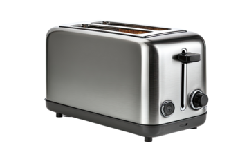 Sleek, stainless steel toaster with two slots.  Features a control knob and a black lever