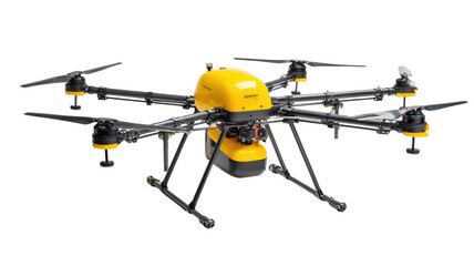Fototapeta premium Agricultural drone, yellow and gray, six rotors, spray tank