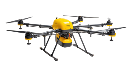Agricultural drone, yellow and gray, six rotors,  spray tank