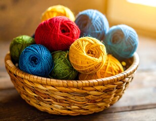 Colorful yarn balls in a wicker basket