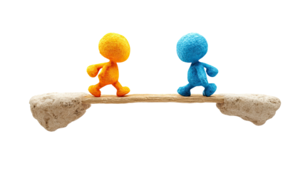 Two stylized figures, orange and blue, walk on a narrow bridge
