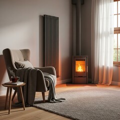 cozy living room with a warm wood stove, an inviting armchair with a blanket, and a cup of tea. The scene evokes comfort and relaxation on a cool day.