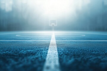 A misty outdoor basketball court, center line in focus, leading to a blurred hoop.