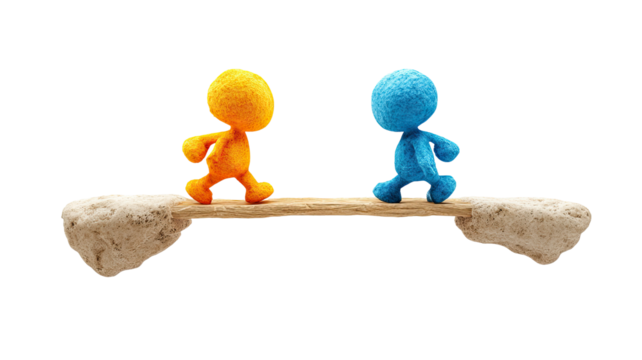Two stylized figures, orange and blue, walk on a narrow bridge
