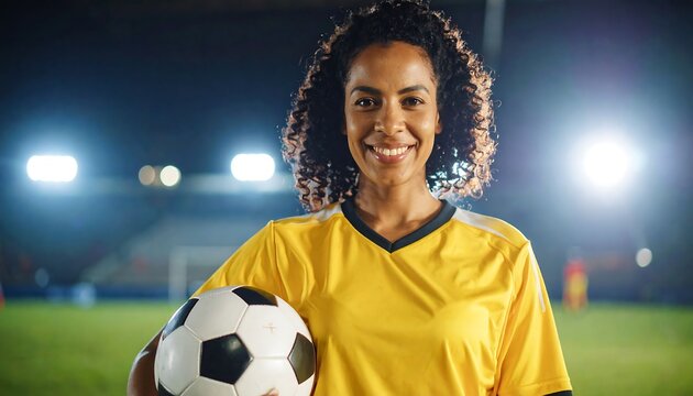 Woman holding soccer ball at night