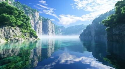Serene landscape depicting tranquil waters and towering cliffs under a bright blue sky