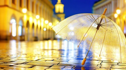 Rainy city street scene featuring a transparent umbrella during a downpour at night