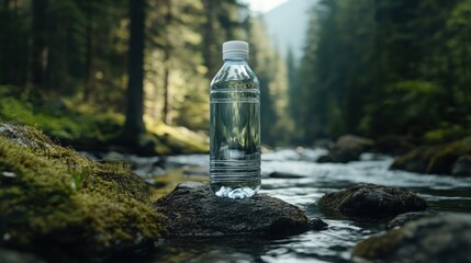 Pure water bottle on riverbank depicting pristine environment and natural beauty