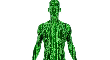 Digital Man Form Composed of Green Binary Code Data Flowing Abstract Futuristic Concept on Black Background