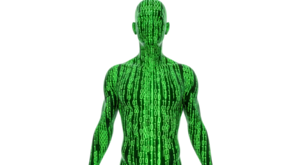 Digital Man Form Composed of Green Binary Code Data Flowing Abstract Futuristic Concept on Black Background