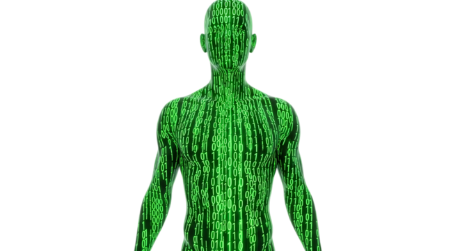 Digital Man Form Composed of Green Binary Code Data Flowing Abstract Futuristic Concept on Black Background