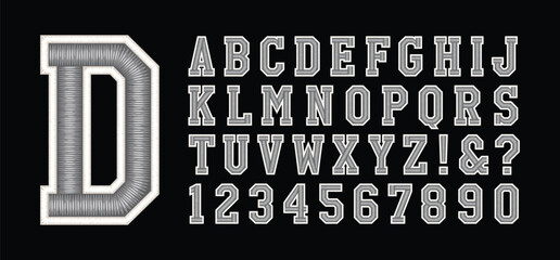 Classic college font. Vintage sport serif font in american style for football, soccer, baseball and basketball. Alphabet and numbers with outline in varsity style

