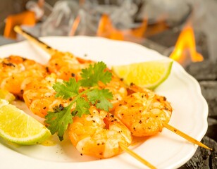 Grilled shrimp skewers on a plate, with lime slices and cilantro, in front of a fire