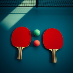 two ping pong paddles and balls resting on a table tennis court