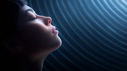 A woman with closed eyes experiences a moment of mindfulness, surrounded by soothing waves of light. The serene atmosphere enhances her relaxation and focus on inner peace