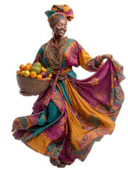 Smiling woman in colorful dress holding fruit basket isolated