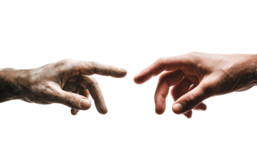 Two hands, aged and weathered, nearly touch.  A timeless image of connection