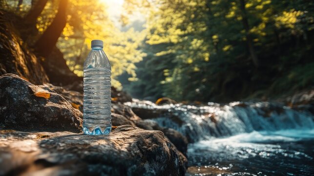 Refreshing water bottle amidst a cascading waterfall, rocks and lush greenery scene