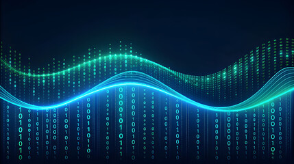 Blue and green digital waves with binary code data