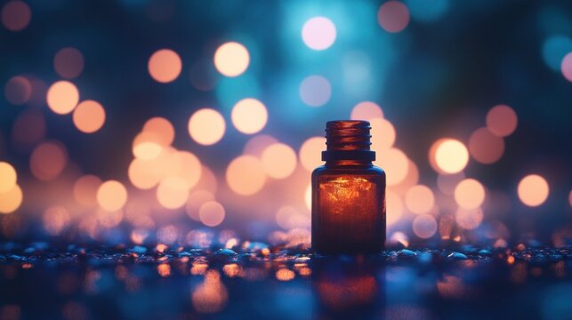 Mystical bottle with glowing essence amidst a dreamy bokeh landscape of shimmering illumination