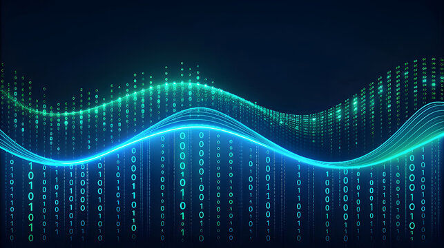 Blue and green digital waves with binary code data