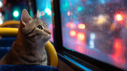 A small tabby cat sits on a bus seat, gazing intently at the rain streaking down the window. The colorful city lights blur in the background, creating a cozy, yet adventurous atmosphere