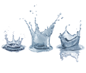 Three crown-like water splashes in varying sizes against a black background.  Each splash displays intricate details of water droplets and contours.  Light gray/blue tones depict the water