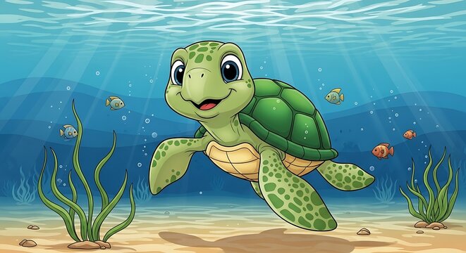 Happy cartoon turtle swimming underwater with fishes.