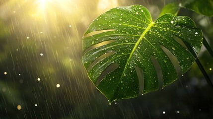 Monstera leaf in tropical rain illuminated by sun showing the beauty of nature