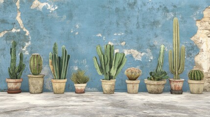 Diverse collection of potted cacti against a weathered blue wall backdrop creating a serene