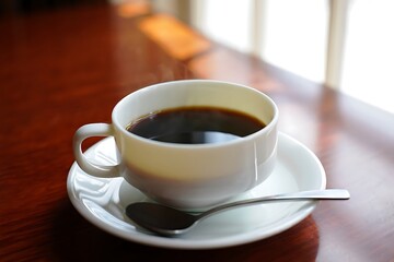 cup of coffee on wooden table