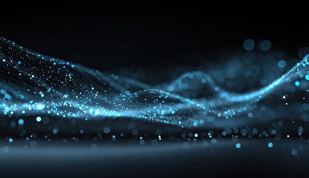 Abstract digital particles flowing across a dark background