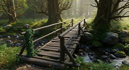 Enchanted forest crossing: A rustic wooden bridge over a tranquil stream in lush woods