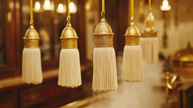 Elegant golden tassels hanging with diffused light creating a warm atmosphere indoors