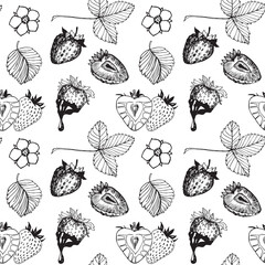 Seamless hand-drawn strawberry pattern in black and white