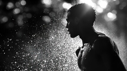 Silhouette of a determined athlete caught in a dynamic shower of water droplets capturing raw energy
