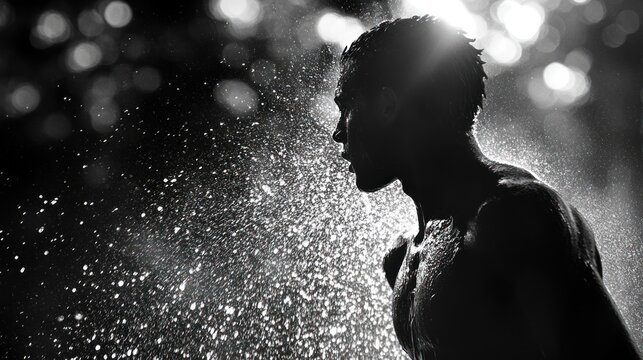 Silhouette of a determined athlete caught in a dynamic shower of water droplets capturing raw energy