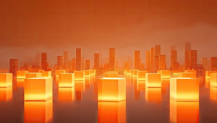 Orange city skyline, glowing cubes