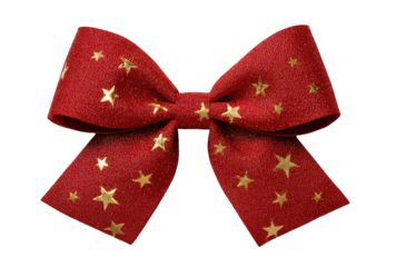 Red ribbon bow, studded with gold stars, isolated on black