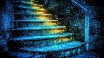 Illuminated stone staircase with a mystical atmosphere captured in a surreal image