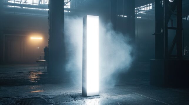 Mysterious glowing pillar illuminating an abandoned industrial interior space scene - Powered by Adobe