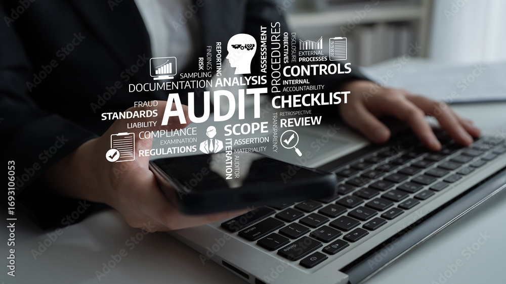 Poster a professional audit concept depicting hands-on interaction with technology. the image illustrates a