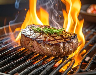 Grilled steak sizzling on a hot grill