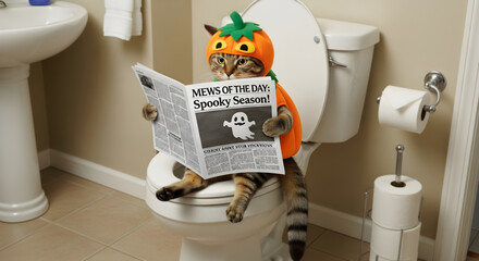 Funny cat in pumpkin costume reading newspaper on toilet in cozy bathroom interior Halloween humor concept for greeting card