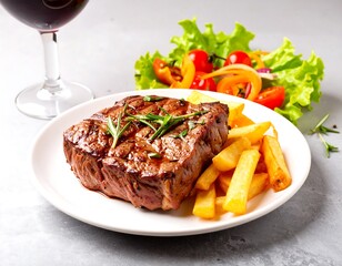 Grilled steak with french fries and salad